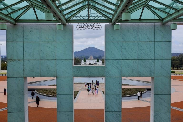 view from terrace below cabinet room to old parliament house and the war memorial