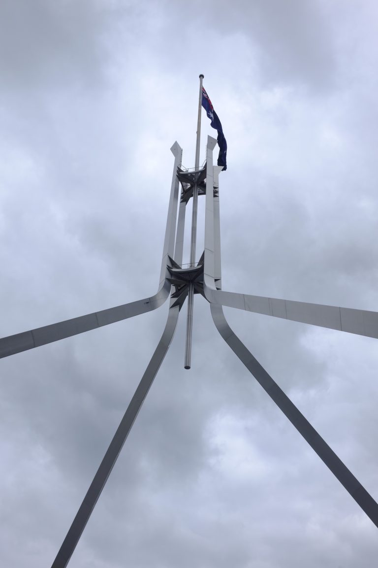 looking up to parliament house flag from roof of the building