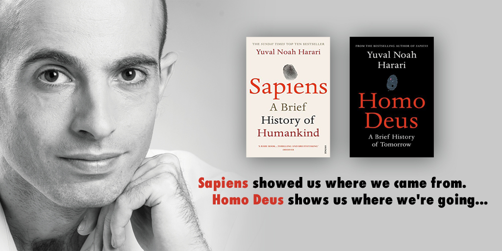 yuval noah harari with covers of sapiens and homo deus