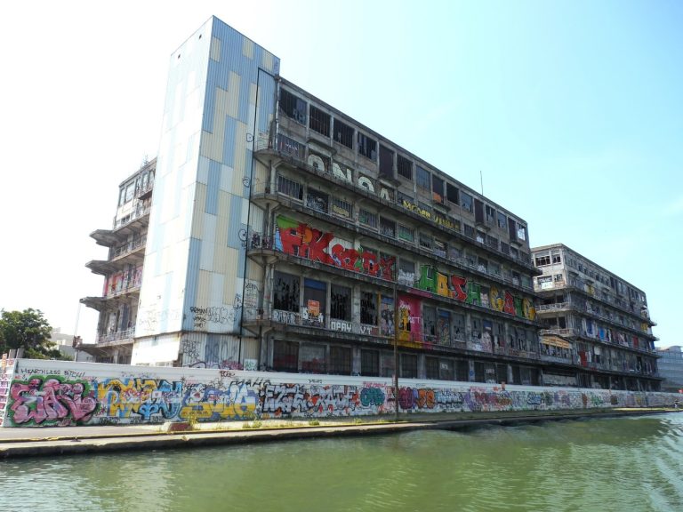 exterior view of the graffiti-covered les Magasins Generaux