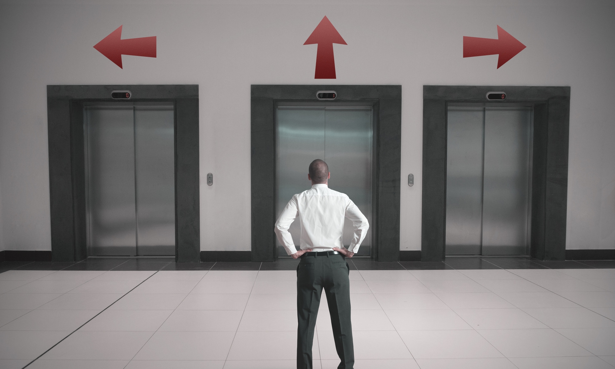 man deciding between three lift doors