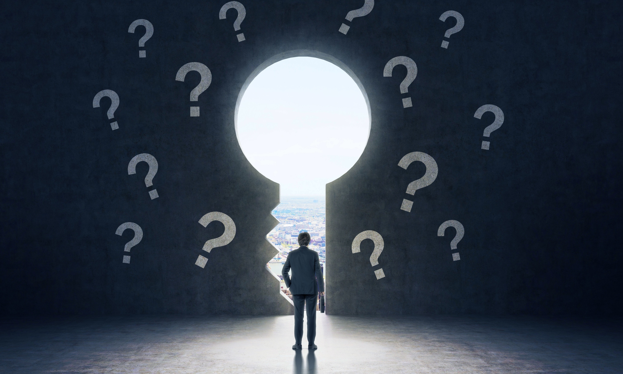 man at large keyhole window pondering questions